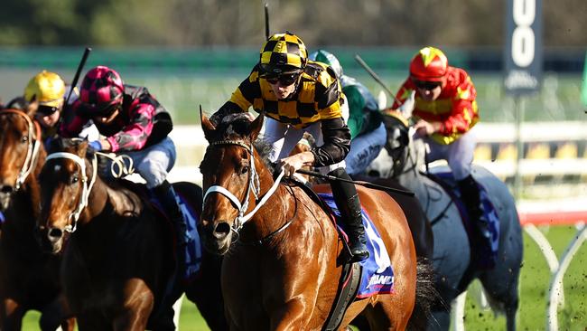 SYDNEY, AUSTRALIA - AUGUST 24: James McDonald riding Joliestar wins Race 7 Hyland Race Colours Show County Quality during Winx Stakes Day - Sydney Racing at Royal Randwick Racecourse on August 24, 2024 in Sydney, Australia. (Photo by Jeremy Ng/Getty Images)