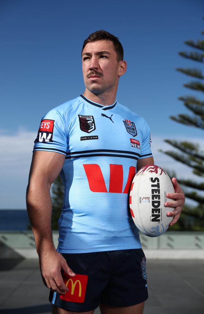 Reece Robson of the Blues poses during a New South Wales Blues State of Origin media opportunity at Crowne Plaza Coogee on June 13, 2023 in Sydney, Australia. Picture: Jason McCawley