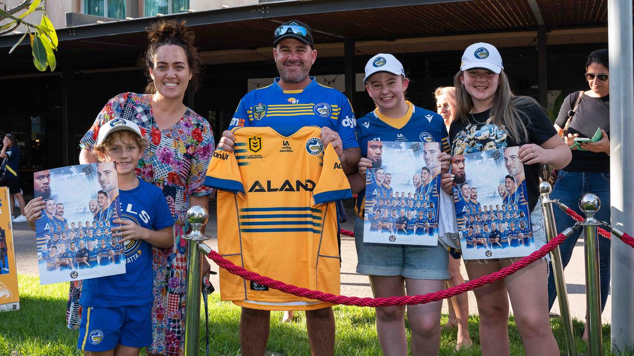 Trent Blowes, Jess Blowes, Tilly Blowes, Kell Blowes, Natasha Nichols & Vincent Nichols at the Parramatta Eels signing session. Picture: Pema Tamang Pakhrin