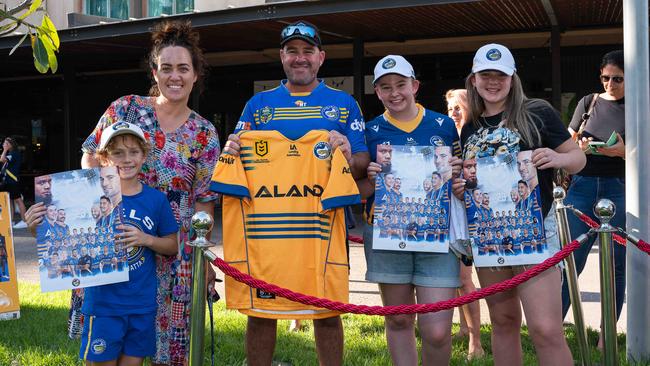 Trent Blowes, Jess Blowes, Tilly Blowes, Kell Blowes, Natasha Nichols & Vincent Nichols at the Parramatta Eels signing session. Picture: Pema Tamang Pakhrin