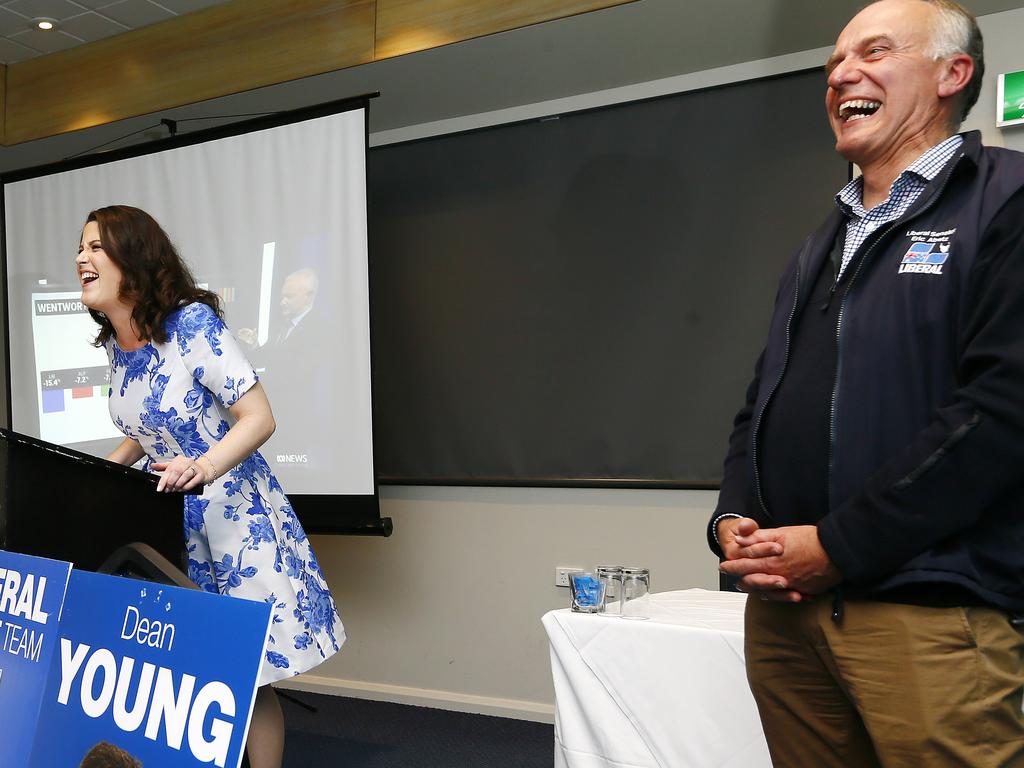 Tasmanian Liberals gathered at the Royal Yacht Club of Tasmania, Sandy Bay to watch the Federal election results. (L-R) Claire Chandler is likely to be elevated to Senator, Eric Abetz (right). Picture: MATT THOMPSON