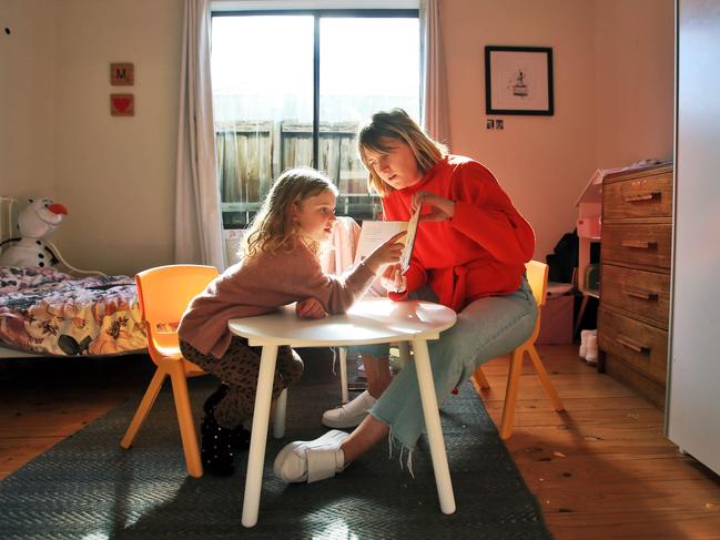 The Australian's national education correspondent Rebecca Urban home-schooling her five-year-old daughter Margo during COVID-19 lockdown. Picture: Aaron Francis/The Australian