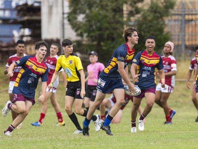 Luke Cesari of Western Mustangs celebrates the opening try against Redcliffe Dolphins in Cyril Connell Challenge trial match rugby league at Glenholme Park, Saturday, February 20, 2021. Picture: Kevin Farmer