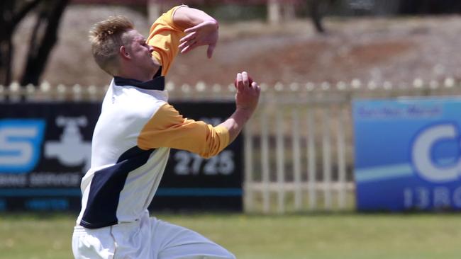 Reece Watson bowling for Bacchus Marsh. Picture: Richard Serong