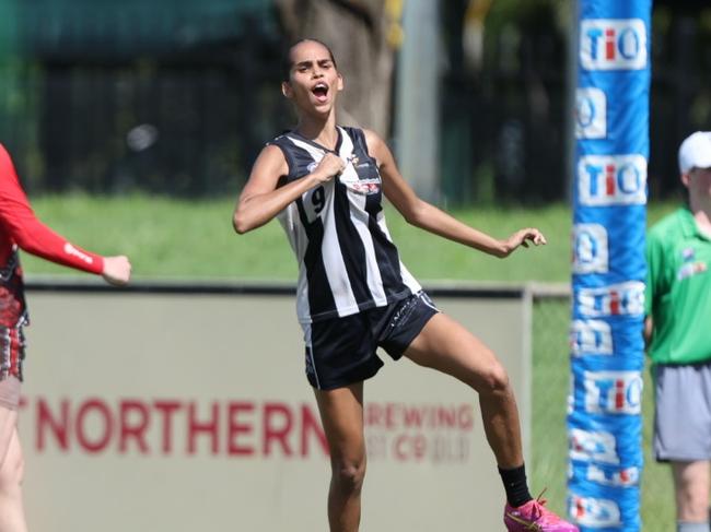 Tatyana Perry playing for the Palmerston Magpies in the women's elimination final against the Tiwi Bombers in the 2024-25 NTFL season. Picture: Pema Tamang Pakhrin