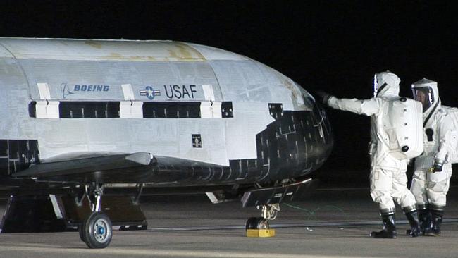 The secretive X-37B, the Air Force's first unmanned re-entry spacecraft, after landing at Vandenberg Air Force Base in California. Picture: AFP