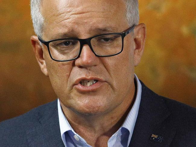 BRISBANE, AUSTRALIA - NewsWire Photos FEBRUARY 27, 2022: Prime Minister Scott Morrison during a media conference at the Kedron Emergency Services Complex in Brisbane. Picture: NCA NewsWire/Tertius Pickard