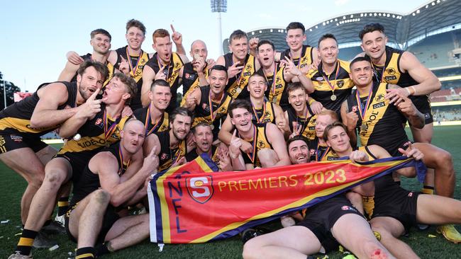 Tigers players celebrate after the 2023 SANFL Grand Final between Sturt and Glenelg at Adelaide Oval in Adelaide, Sunday, September 24, 2023. Picture: SANFL Image/David Mariuz