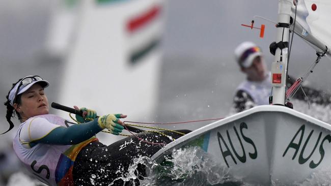 Australia's Ashley Stoddart competes in the Laser Radial Women sailing class on Marina da Gloria in Rio de Janeiro during the Rio 2016 Olympic Games on August 10, 2016. / AFP PHOTO / WILLIAM WEST