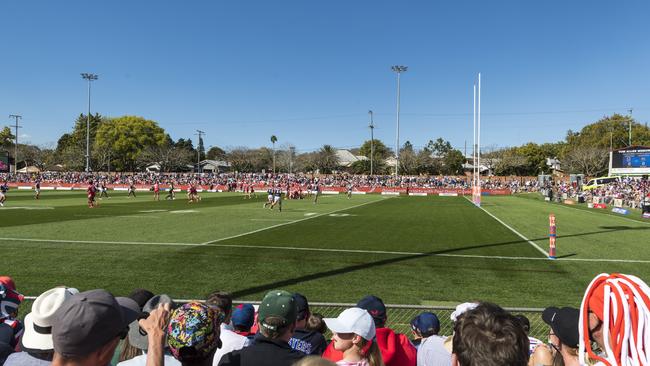 More than 7000 fans support their team when the Dragons take on the Roosters as Toowoomba hosts an NRL round at Clive Berghofer Stadium, Sunday, August 22, 2021. Picture: Kevin Farmer