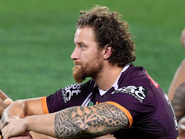 LtoR; Broncos players Jamayne Isaako, Korbin Sims and Anthony Milford are dejected following the Elimination Final between the Brisbane Broncos and the St George-Illawarra Dragons in Week 1 of the NRL Finals Series at Suncorp Stadium in Brisbane, Sunday, September 9, 2018. (AAP Image/Dave Hunt) NO ARCHIVING, EDITORIAL USE ONLY