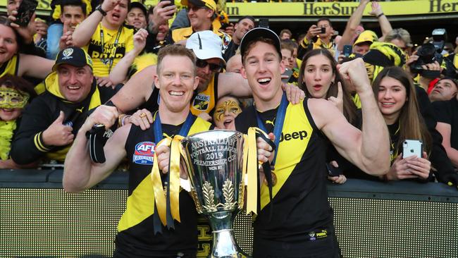 Richmond's Jack Riewoldt and Tom Lynch celebrating after the 2019 AFL Grand Final at the MCG. Picture: ALEX COPPEL