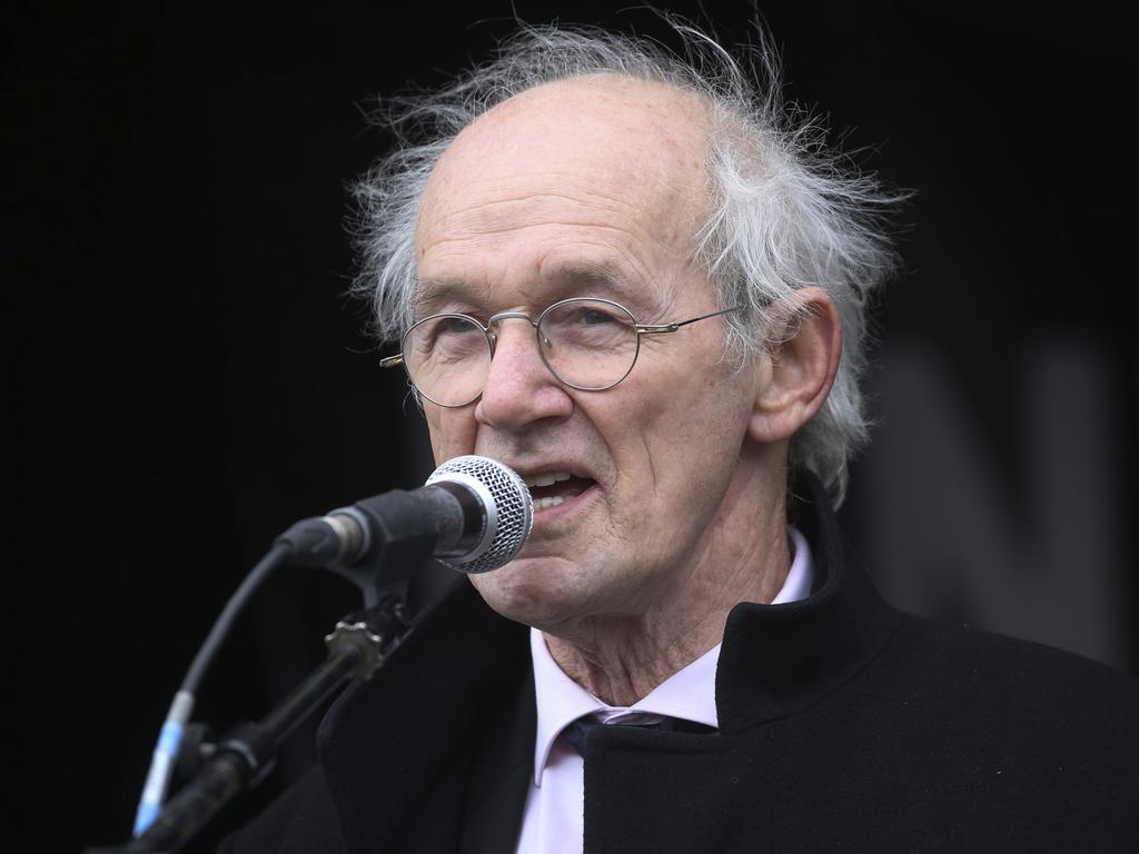 Julian Assange's father John Shipton speaks at the protest. Picture: AP