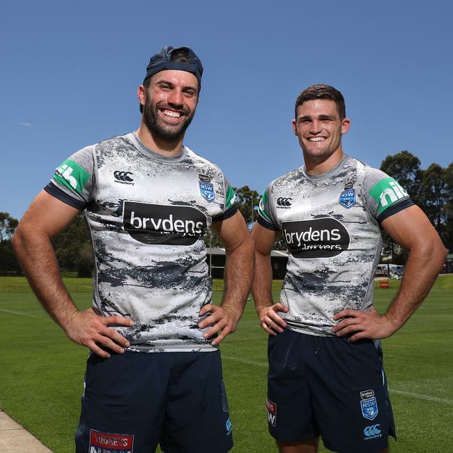 NSW teammates James Tedesco and Nathan Cleary are in the running to lead the Kangaroos. Picture: Brett Costello