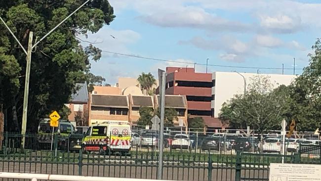 An ambulance at the scene of a stabbing near the Judges Carpark off Station St, Penrith. The man was taken to Nepean Hospital in a serious condition. Picture: Kate Lockley