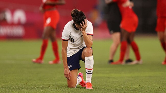 KASHIMA, JAPAN - AUGUST 02: Carli Lloyd #10 of Team United States looks dejected following defeat in the Women's Semi-Final match between USA and Canada on day ten of the Tokyo Olympic Games at Kashima Stadium on August 02, 2021 in Kashima, Ibaraki, Japan. (Photo by Francois Nel/Getty Images)