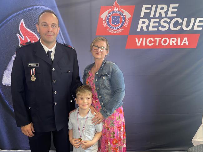 Kenric Carter, Brooke Carter and Liam at the FRV Long and Good Service Awards Ceremony in Traralgon on Wednesday, November 27, 2024. Picture: Jack Colantuono