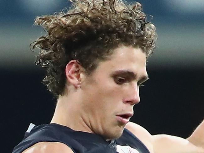 GOLD COAST, QUEENSLAND - JULY 28:  Charlie Curnow of the Blues kicks  a goal during the round 19 AFL match between the Gold Coast Suns and the Carlton Blues at Metricon Stadium on July 28, 2018 in Gold Coast, Australia.  (Photo by Jason O'Brien/AFL Media/Getty Images)