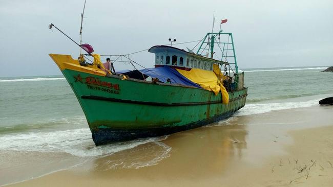 A boat that was carrying 44 Sri Lankan asylum seekers rests on a beach in Aceh in 2016. Picture: Supplied
