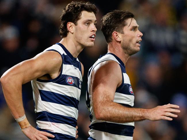 MELBOURNE, AUSTRALIA - JUNE 01: Shannon Neale of the Cats looks on during the 2024 AFL Round 12 match between the Geelong Cats and the Richmond Tigers at GMHBA Stadium on June 01, 2024 in Melbourne, Australia. (Photo by Dylan Burns/AFL Photos via Getty Images)