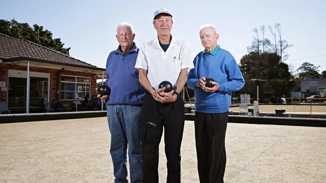 Tony Sestanovich, (life member), Ross Aldridge, 55 and Richard Clarke, 75, have an uncertain future at North Manly Bowling Club. Picture: Adam Yip.