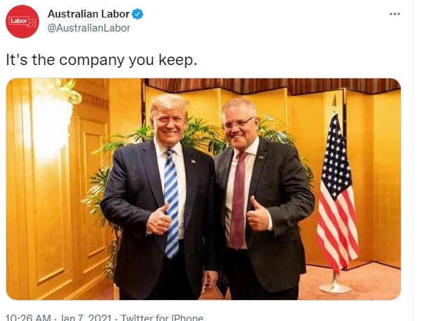 The ALP’s tweet criticising Scott Morrison for meeting with former US president Donald Trump.