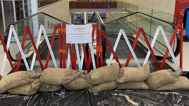 Sandbags at the ready in the Riverview shopping centre in Windsor. Picture: John Grainger