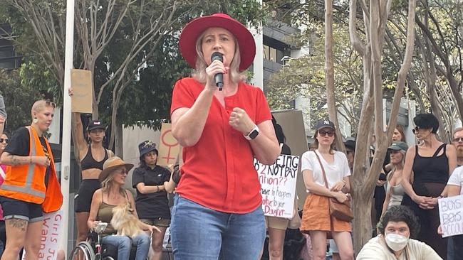 Attorney-General Yvette D’Ath addressing the crowd at the sexual violence and domestic violence rally at King George Square, Brisbane, on April 28,2024.