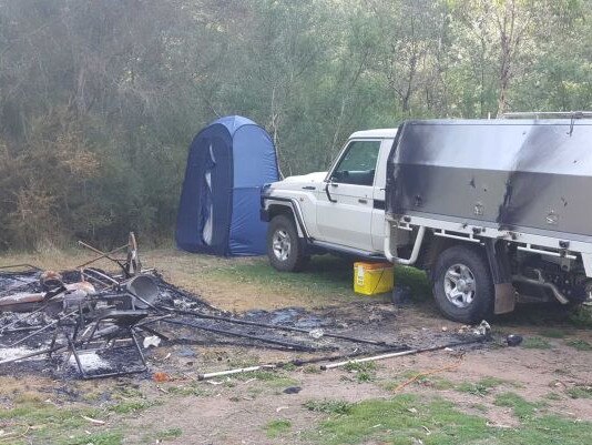 The damaged campsite belonging to Russell Hill and Carol Clay's who have been reported as missing in the Wonnangatta Valley.Picture: ABC