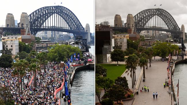 In 2019, crowds packed around the Sydney Harbour foreshore, but Circular Quay was deserted on New Year’s Eve 2020. Pictures: AAP and Brendan Read