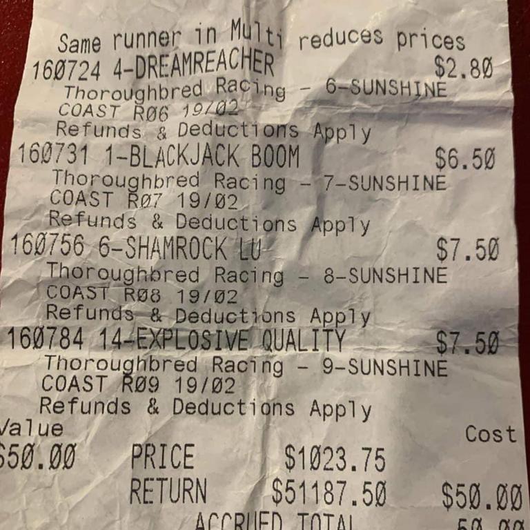 A resulting ticket after one punter turned $50 into $51,000 from a multi bet on the Sunshine Coast races.