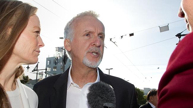 James Cameron and Suzy Amis speaking to the media.