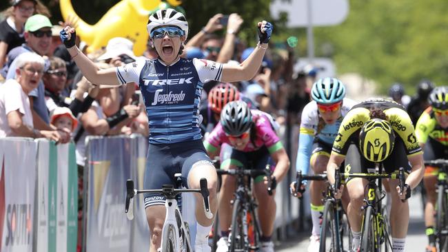 Trek-Segafredo Letizia Paternoster wins Stage 1 of the  Womens Santos Tour Down Under from Hahndorf to Birdwood.  Picture SARAH REED