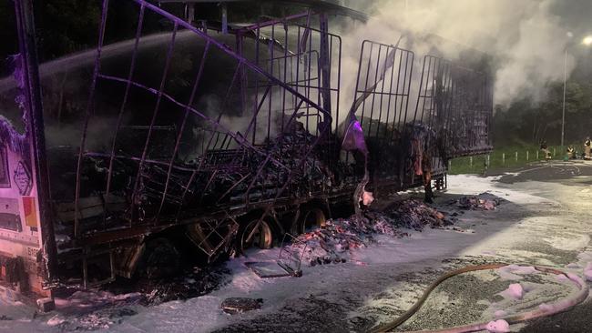 Highway traffic was blocked after a semi trailer caught fire at the Pacific Highway near near Byron Bay exit on Friday just before 4am. Photo: TfNSW - www.livetraffic.com