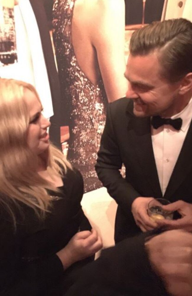Rebel Wilson and Leo hang out at the Vanity Fair party. Picture: Rebel Wilson/Twitter