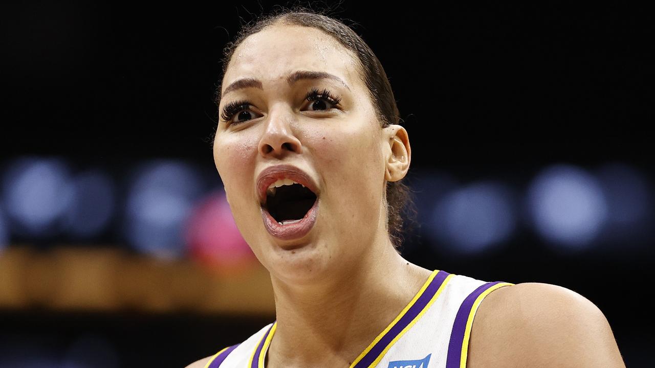 SEATTLE, WASHINGTON - MAY 20: Liz Cambage #1 of the Los Angeles Sparks reacts against the Seattle Storm during the first half at Climate Pledge Arena on May 18, 2022 in Seattle, Washington. Steph Chambers/Getty Images/AFP