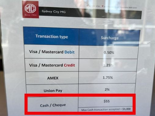 Sydney City MG sparked outrage with this cash surcharge. Picture: 2GB.