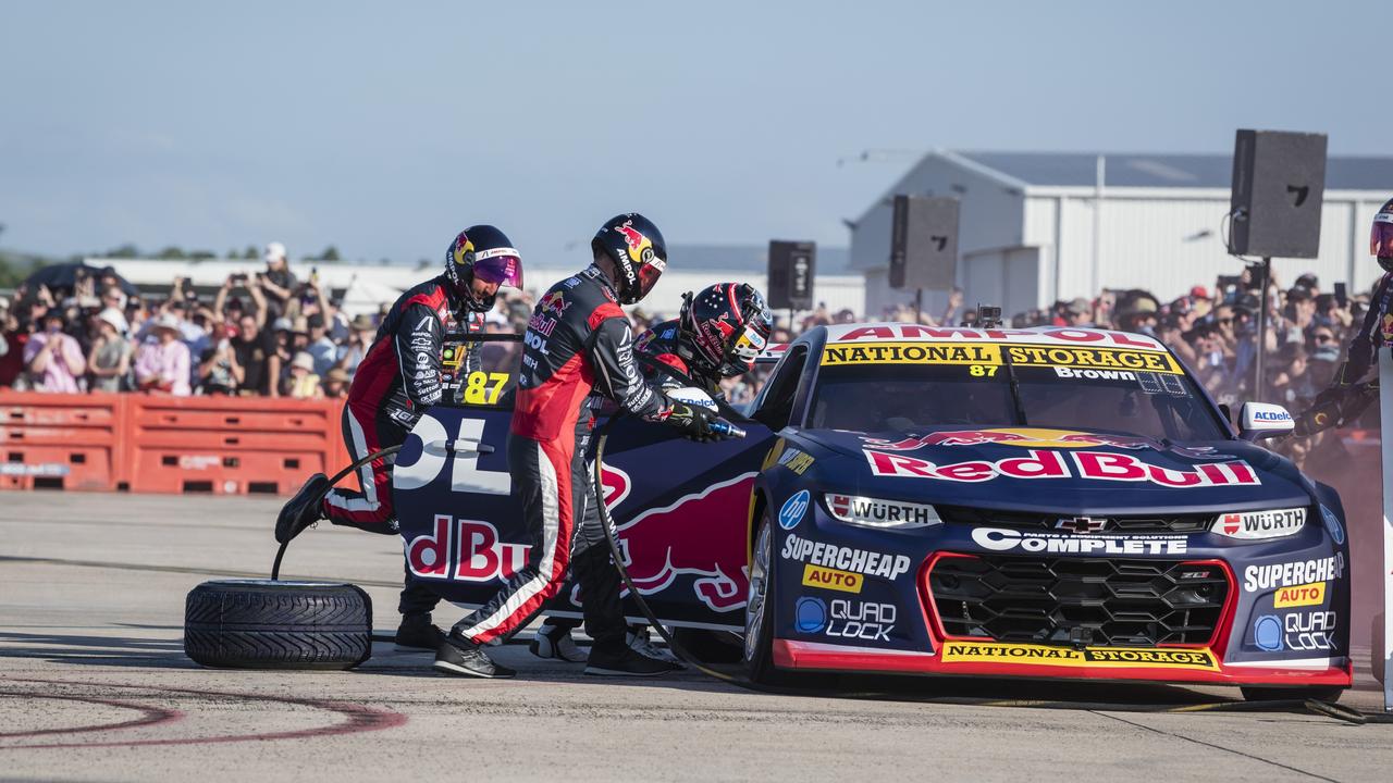 Change of drivers "pit stop" as V8 Supercars team Red Bull Ampol Racing launch their 2024 livery at Toowoomba Wellcamp Airport, Saturday, February 3, 2024. Picture: Kevin Farmer