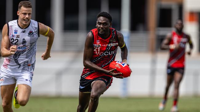 John Tipiloura playing for the Tiwi Bombers against Southern Districts in Round 16 of the 2024-25 NTFL season. Picture: Pema Tamang Pakhrin