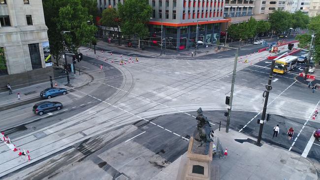 The North Terrace and King William Street intersection after the completed tram works. Picture: DPTI