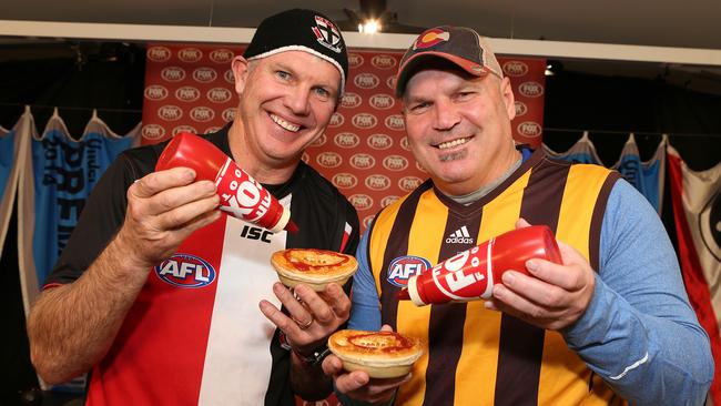 Danny Frawley, pictured with Jason Dunstall, died in a car crash in 2019. Picture: Julie Kiriacoudis