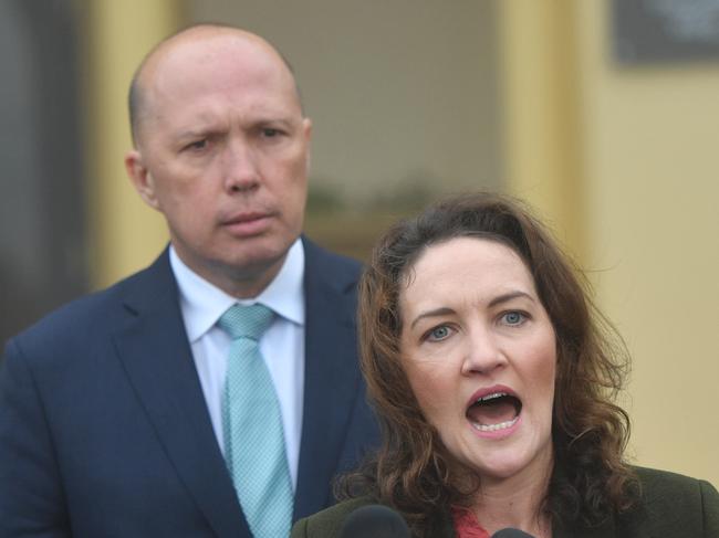 Federal Immigration Minister Peter Dutton at Mt Lofty House in Crafers, with Liberal candidate Georgina Downer. AAP Image/David Mariuz