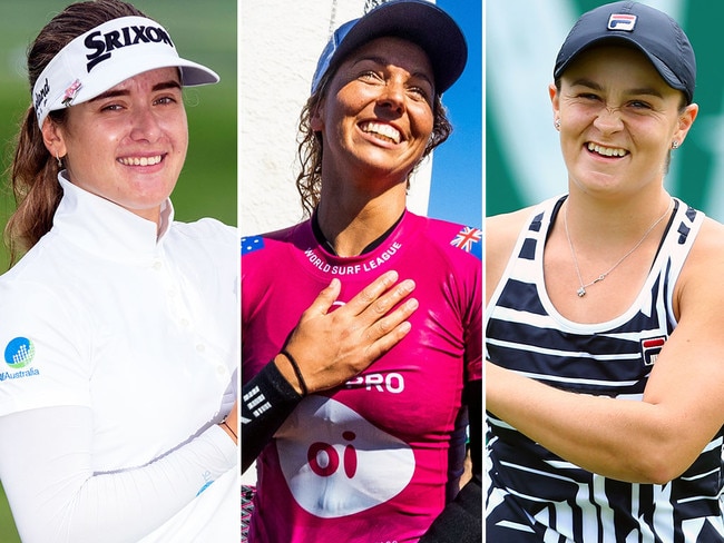 Hannah Green, Sally Fitzgibbons and Ash Barty are all on top of the world but at different stages of their careers. Picture: