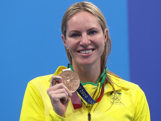 Emily Seebohm on the podium in Tokyo. Picture: Clive Rose/Getty Images