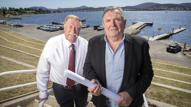 $2.3 billion precinct-scale urban renewal project, including roofed AFL stadium, for Hobart. Stakeholder relations Paul Lennon and Managing Director of Stadia Precinct Consortia Dean Coleman at Macquarie Point. Picture: Chris Kidd