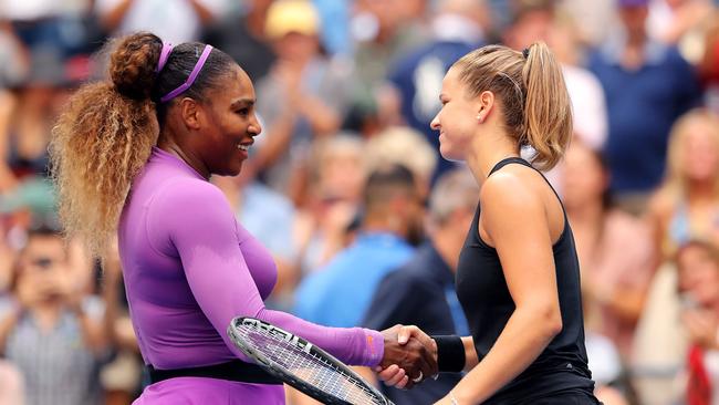 Serena Williams shakes hands with opponent Karolina Muchova after her third round US Open clash. Off court, she is known for her respect for her rivals.