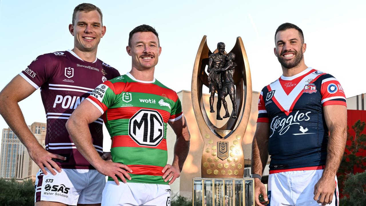 28 February 2024, Las Vegas, USA. NRL Media launch in Las Vegas. (L-R) Tom Trbojevic, Damien Cook and james Tedesco. Photo: Grant Trouville