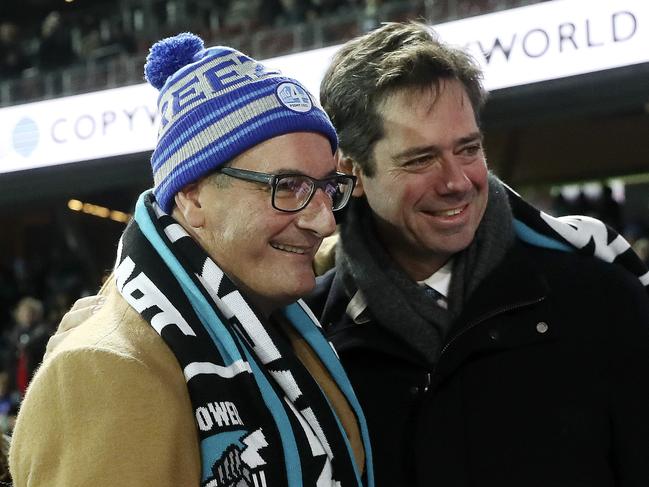 14/06/18 - AFL - Port Adelaide v Western Bulldogs at The Adelaide Oval. Port Adelaide President David Koch gets a photo with the head of the AFL Gill McLaughlin. Picture SARAH REED