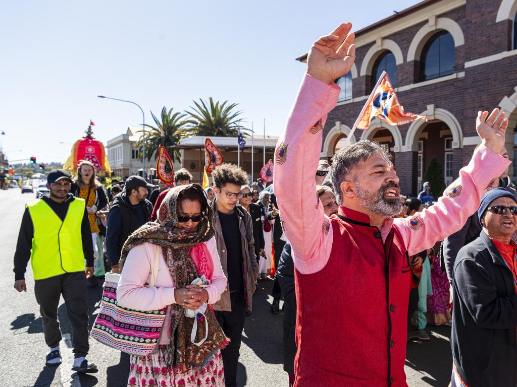 Anshuman Bhardwaj sings while walking with the procession of Toowoomba's Festival of Chariots, Saturday, July 20, 2024. Picture: Kevin Farmer