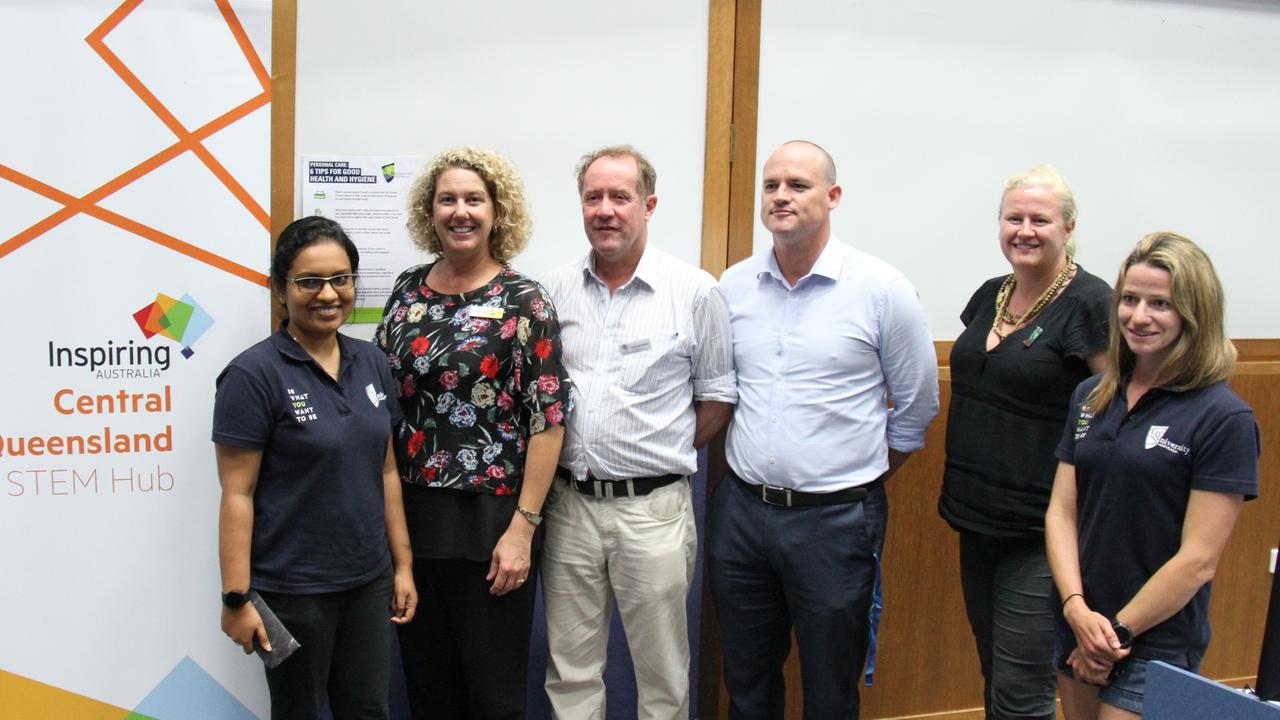 Manuja Lekanunudiyanse, Dr Linda Pfeiffer, Queensland Chief Scientist Professor Hugh Possingham, CQ University associate vice-president Luke Sinclair, Associate Professor Emma Jackson and Liz Andrews at the second annual CQ University STEM expo. Picture: Rodney Stevens